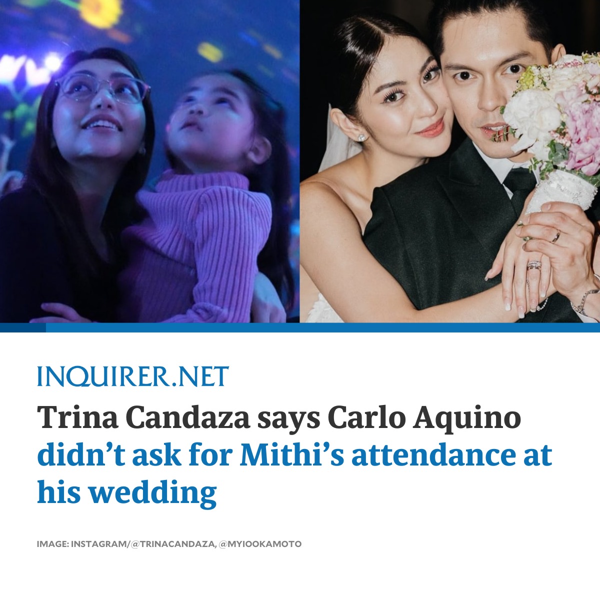 inquirerdotnet's tweet photo. Trina Candaza disclosed that Carlo Aquino did not reach out to her to ask for their daughter Mithi to attend his and actress Charlie Dizon’s wedding.
 
READ MORE: https://t.co/pTynnyIIwS https://t.co/WX7wOZDbdi