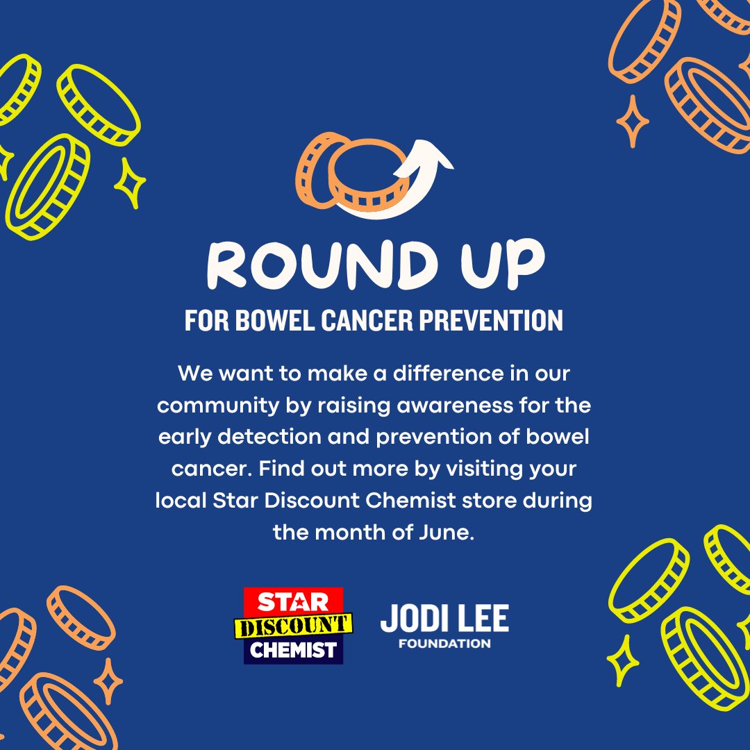 We would love your support of our Round Up campaign this June. 

To get involved, head into any Star Discount Chemist store in Australia during June, round up your purchases to the nearest dollar and you will be helping the Jodi Lee Foundation in our fight against bowel cancer.