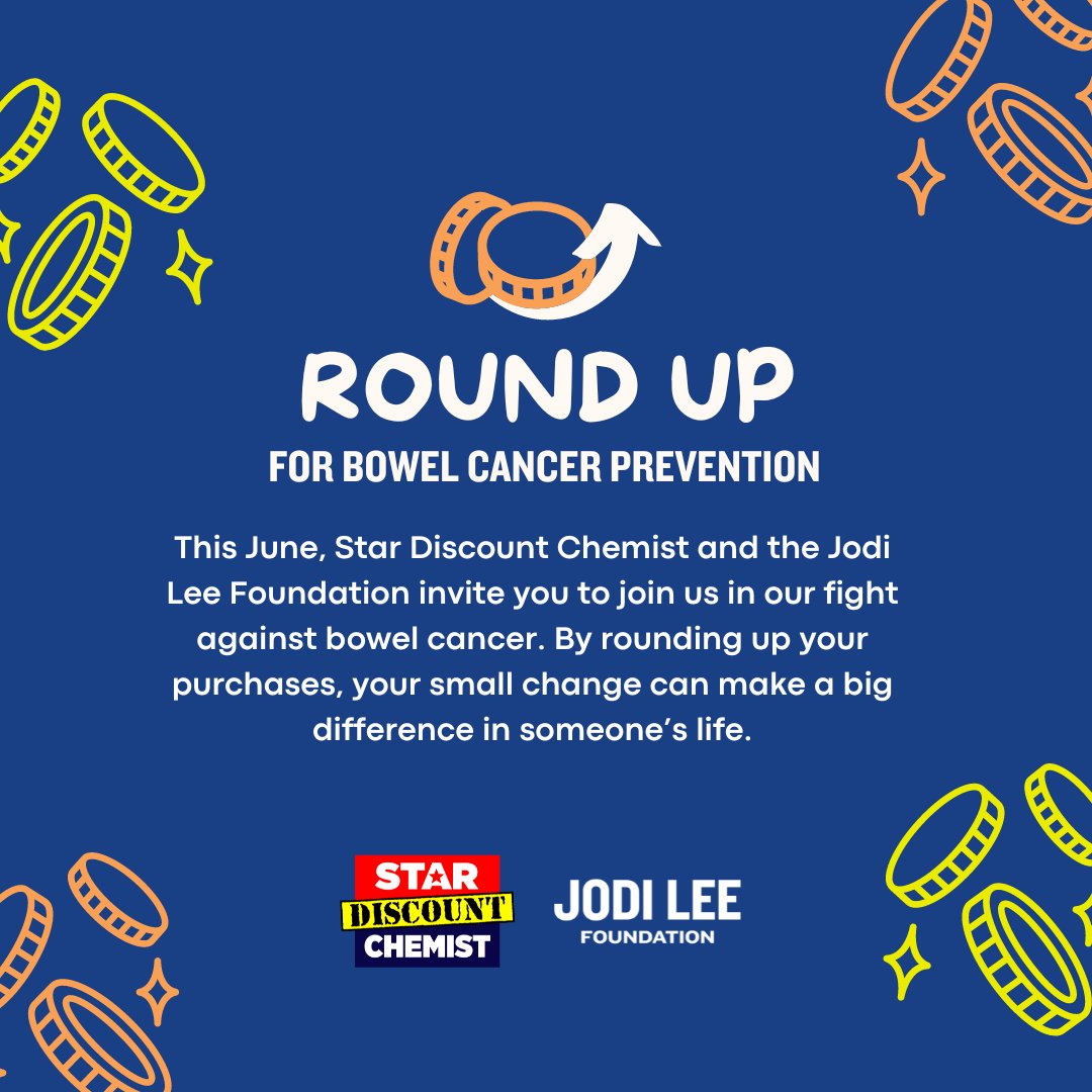 JodiLeeFdn's tweet photo. We would love your support of our Round Up campaign this June. 

To get involved, head into any Star Discount Chemist store in Australia during June, round up your purchases to the nearest dollar and you will be helping the Jodi Lee Foundation in our fight against bowel cancer. https://t.co/iwcVyXZePz