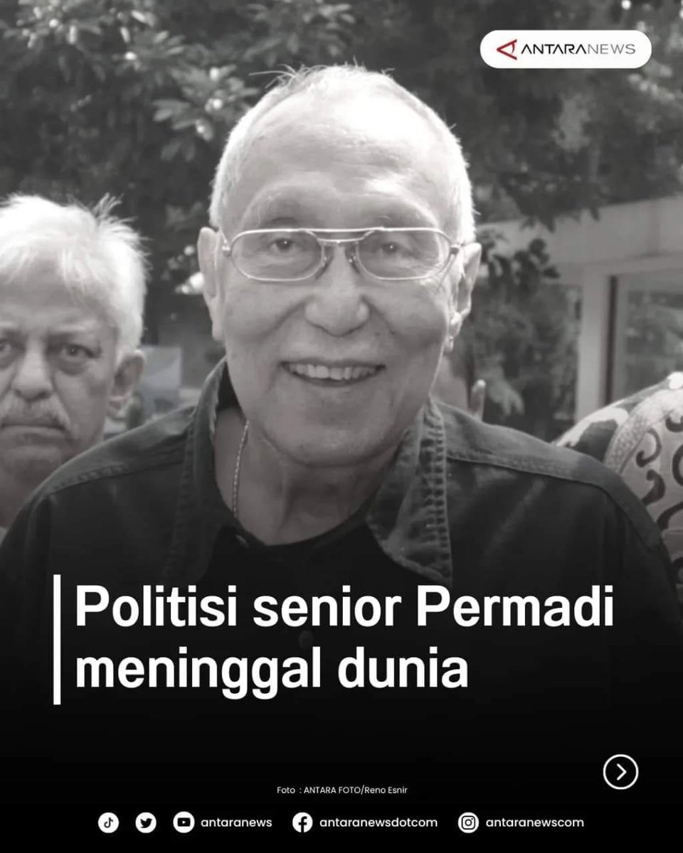 antaranews's tweet photo. π #BreakingNewsβ
Politikus senior Permadi meninggal dunia, Rabu (12/6) pukul 07.00 WIB di kediamannya Jalan Pengadegan Barat Pancoran, Jakarta Selatan.
#permadi #politisisenior #beritaduka
Grafis: Budi Piper https://t.co/ogbeN0o7ir