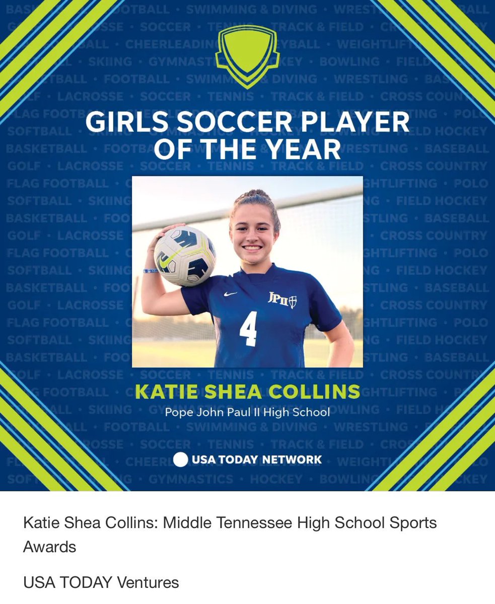 KatieSheaColli1's tweet photo. Super grateful to be named the Middle Tennessee Player of the Year! Couldn’t have done it without my amazing family and teammates. https://t.co/wdgR1yIEUg