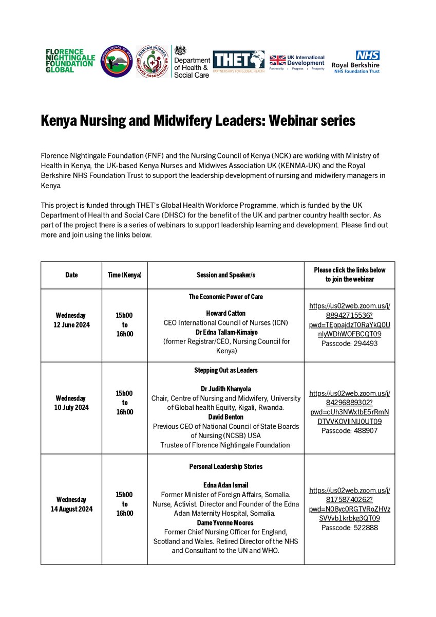 NCKenya's tweet image. @FNightingaleF and @NCKenya are working w/@MOH_Kenya, @kenma_uk, and @RBNHSFT to support the leadership development of nursing and midwifery managers in Kenya. As part of the project there is a series of webinars to support leadership learning and development. Join using the🔗⏬
