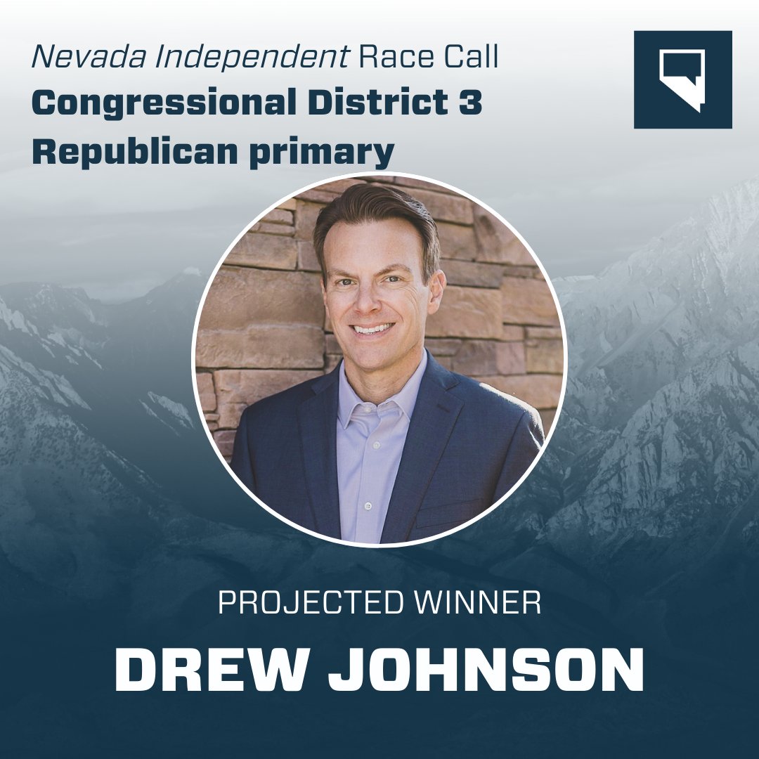 TheNVIndy's tweet photo. The Nevada Independent is declaring Drew Johnson the winner of the Congressional District 3 Republican primary.
https://t.co/n2SxKuFrLJ
#NV03 #nvprimary #election2024 https://t.co/t7ft6dEOoR