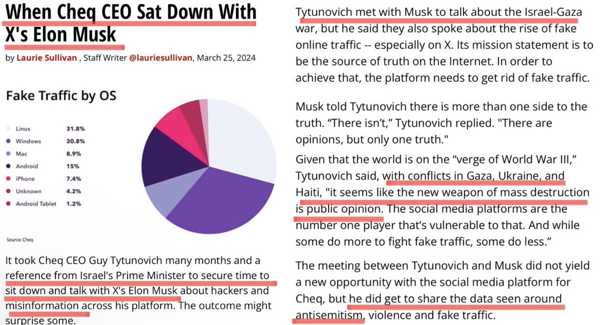 🇮🇱 The Israeli Chokehold on X Just Gets Worse

Benjamin Netanyahu HIMSELF asked <a href="/elonmusk/">Elon Musk</a> to have a meeting with the CEO of CHEQ (former Israeli intelligence Officer, Guy Tytunovich).

In the meeting they discussed:

- Palestine/Israel

- Antisemitism

- Misinformation

- Bots on