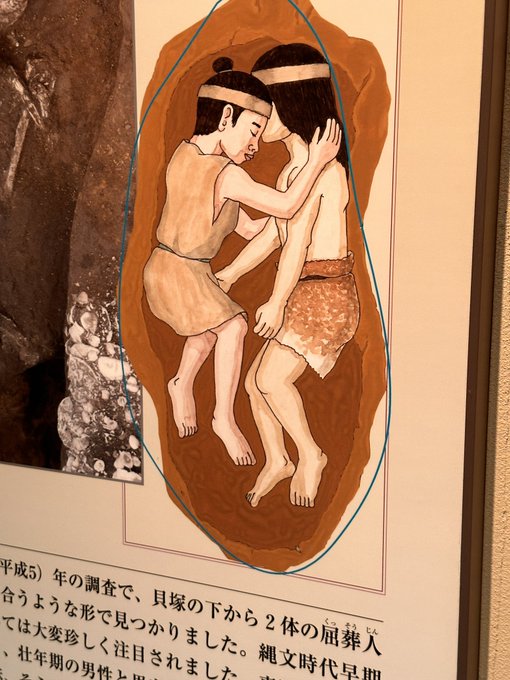 この想定図から見て、縄文オッサンと縄文美少女の頭骨が重なりあって、足の骨が重なってるのかな 