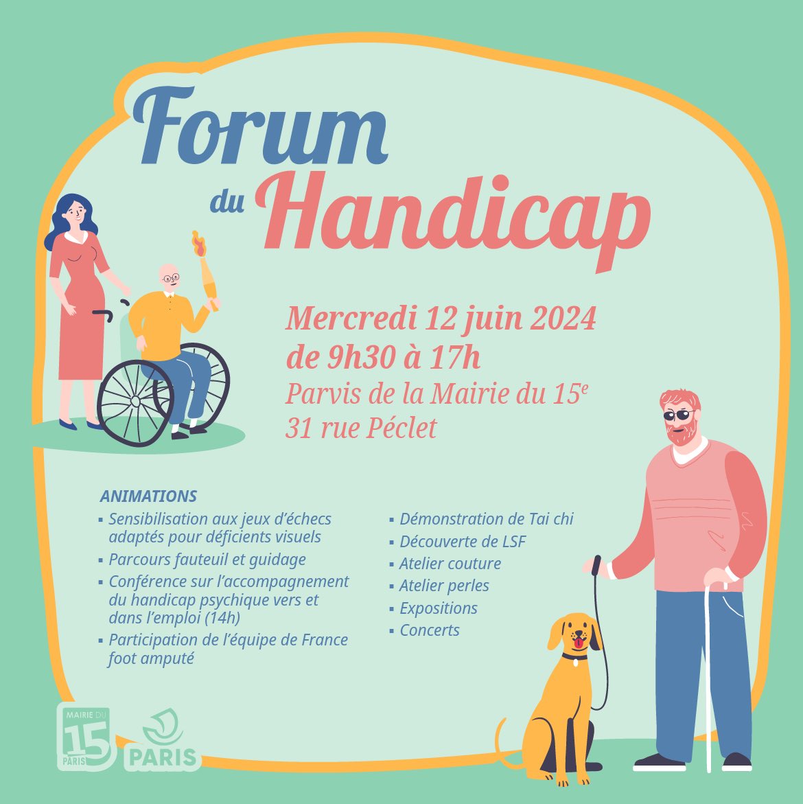 mairie15's tweet photo. Ce mercredi 12 juin, de 9h30 à 17h, venez à la rencontre de nombreuses associations sur le parvis de la Mairie de #Paris15 et participez aux animations lors d'ateliers découverte : jeux d'échecs adaptés pour déficients visuels, conférences, parcours fauteuil, concerts, expos https://t.co/dBDq9222TK