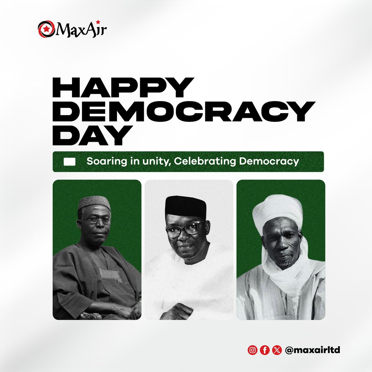 MaxAirLtd's tweet image. Happy Democracy Day, Nigeria! 
Today, we celebrate the freedom, unity, and progress of our great nation. Let's continue to soar to new heights together. 

#DemocracyDay #MaxAir #Nigeria