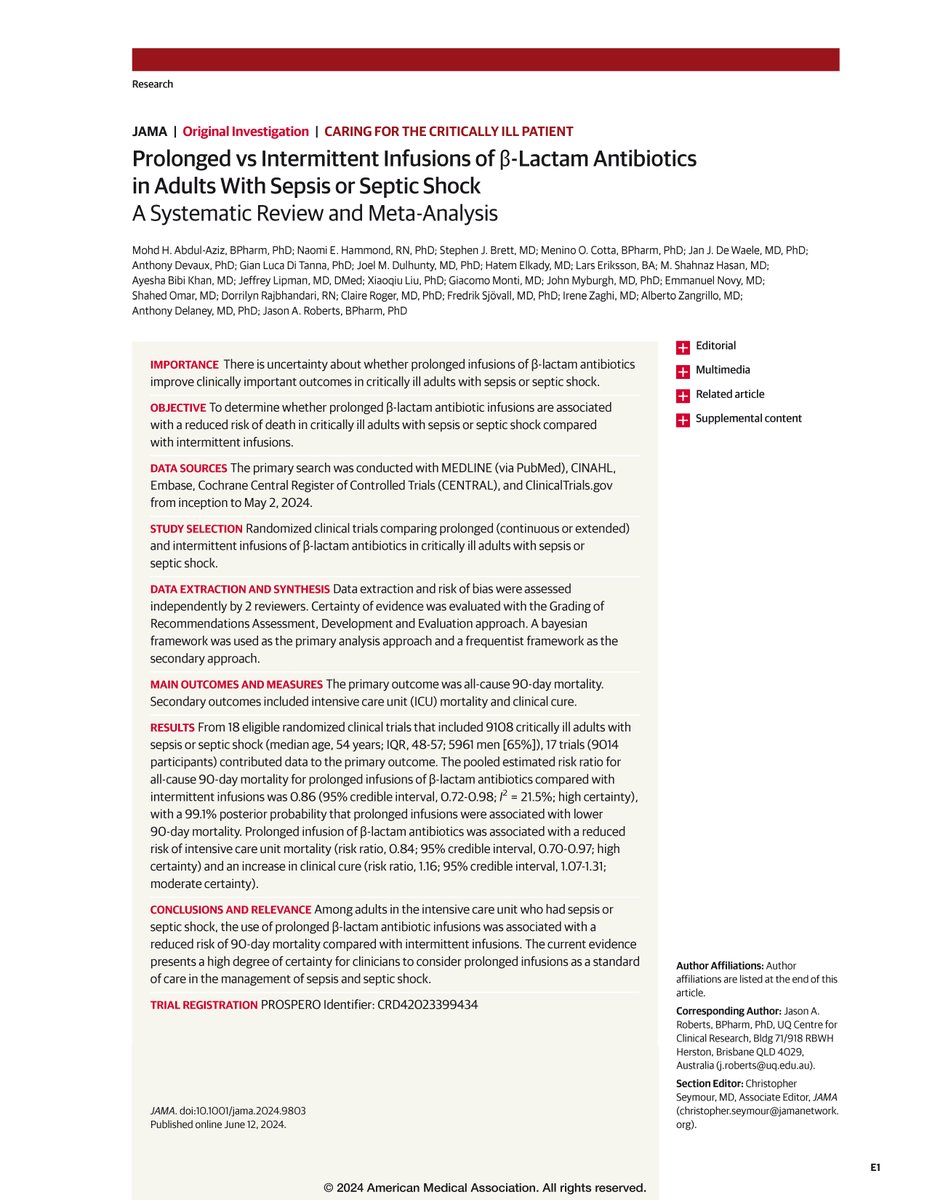 Among adults in the ICU who had sepsis or septic shock, the use of prolonged β-lactam antibiotic infusions was associated with a reduced risk of 90-day mortality compared with intermittent infusions, finds meta-analysis. 

ja.ma/4beJZhv 

#CCR24