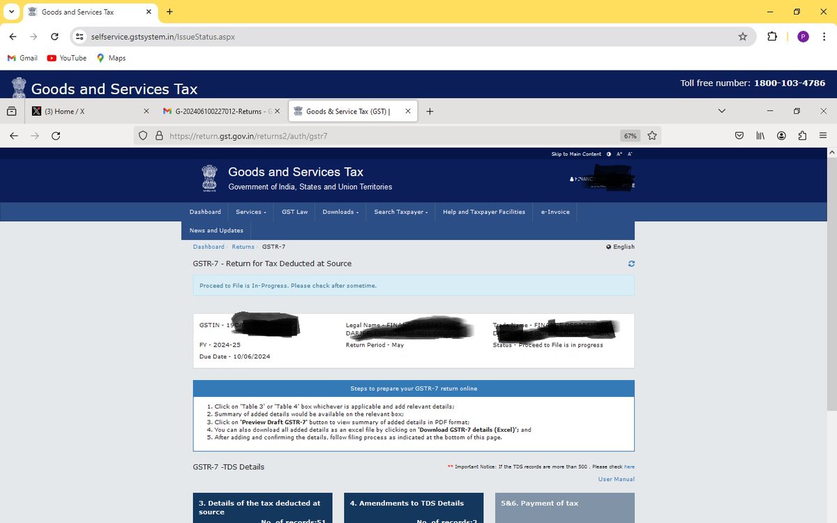 prateekstar's tweet photo. @Infosys_GSTN @askGST_GoI @GST_Council @cbic_india Not able to file GSTR 7, due date was on 10/06/2024, raised a compliant with regards to this issue, no resolution from the technical team of GST portal till date. Ticket no G-202406100227012. https://t.co/gr1XiairrY
