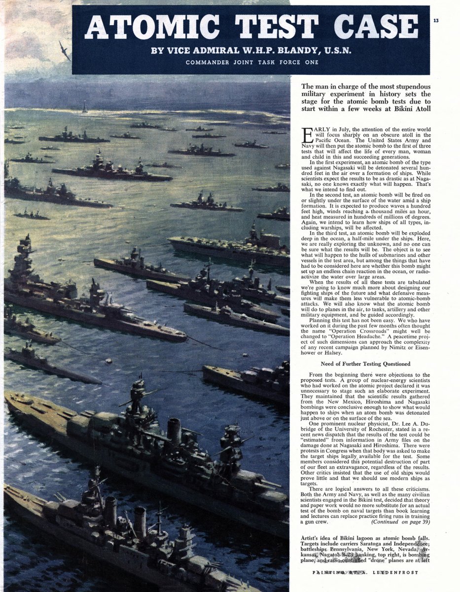 LRonLacy's tweet image. #THISWEEK in 1946
👇🧵
‘The man in charge of the most stupendous military experiment in history sets the stage for the atomic bomb tests due to start within a few weeks at Bikini Atoll’
#TaskForceOne #BikiniAtoll #AtomicBombTest #ABomb #USNavy