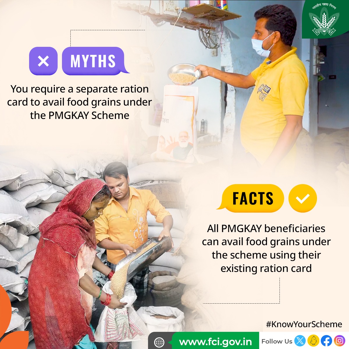 FCI_India's tweet image. The PMGKAY scheme makes it simple for beneficiaries to avail food grains using their existing ration card. #KnowYourScheme