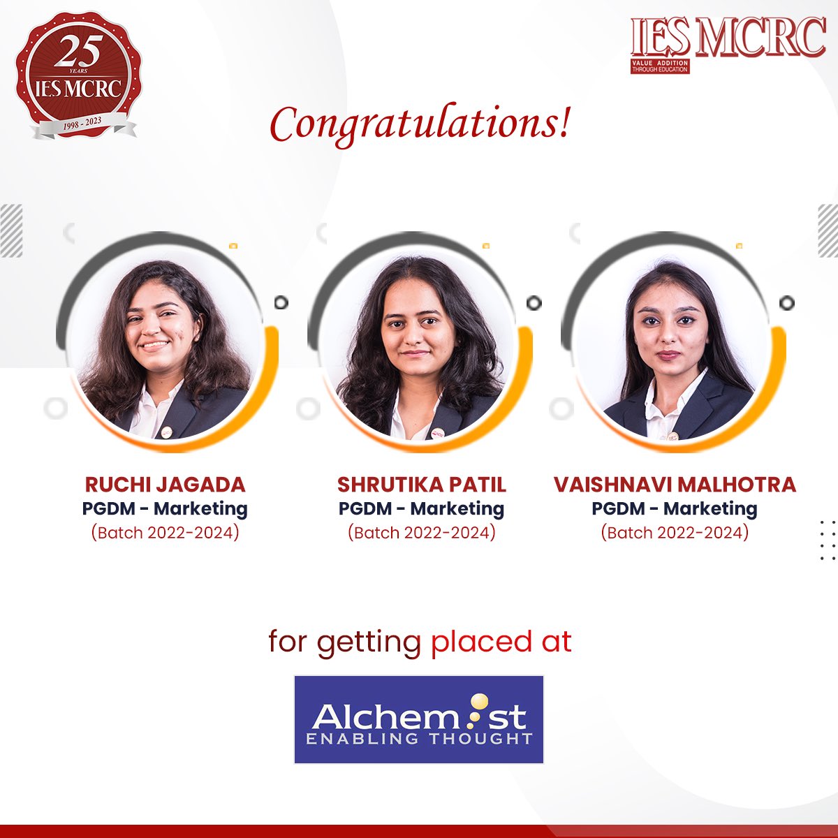 IES MCRC congratulates students for getting placed at Alchemist. We wish them all the best. 

#IESMCRC #Placement #Congratulations #PlacementDrive #PGDM #Mumbai