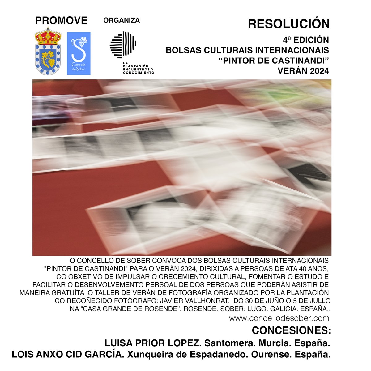 la_plantacion's tweet photo. Adjuntamos la resolución de las concesión de 2 Becas Culturales Pintor de Castinandi, para asistir al Taller de Verano que Javier Vallhonrat impartirá de 30 de junio-5 julio
Gracias a todas y a todos y al Concello de Sober
#laplantacion #concellodesober #javiervallhonrat https://t.co/e74SvVebRa