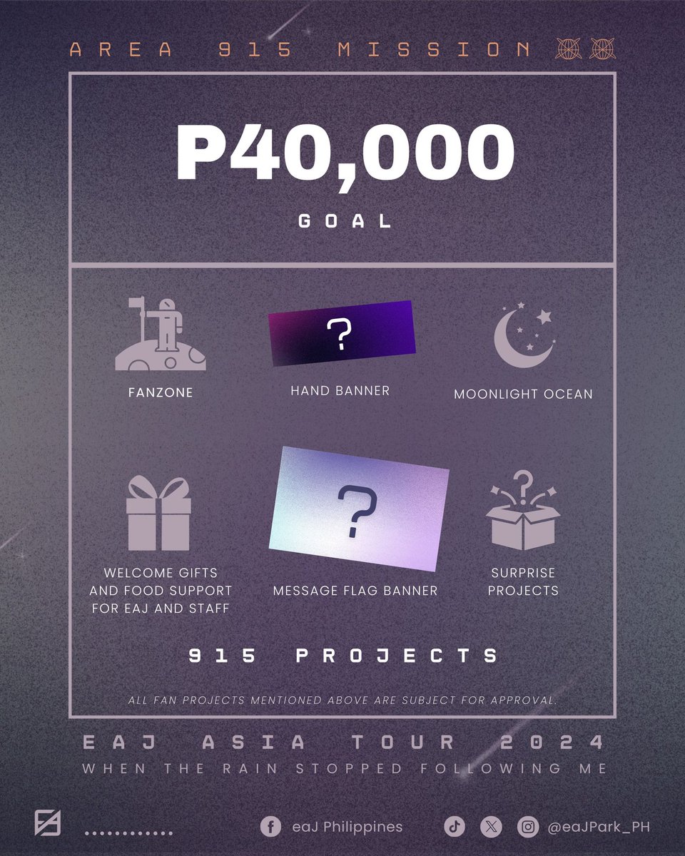eaJPark_PH's tweet photo. 𝗔𝗥𝗘𝗔 𝟵𝟭𝟱 [𝗠𝗶𝘀𝘀𝗶𝗼𝗻 𝟬𝟭]: Donation Drive

Make your unconditional support fly towards eaJ. 🌠👩‍🚀

Let’s make eaJ's first solo concert in PH an unforgettable one! 

Donate here:
🔗 https://t.co/X2071EEjAM

Stay tuned for more details as we navigate this mission. 💫 https://t.co/dfmzPsms2c