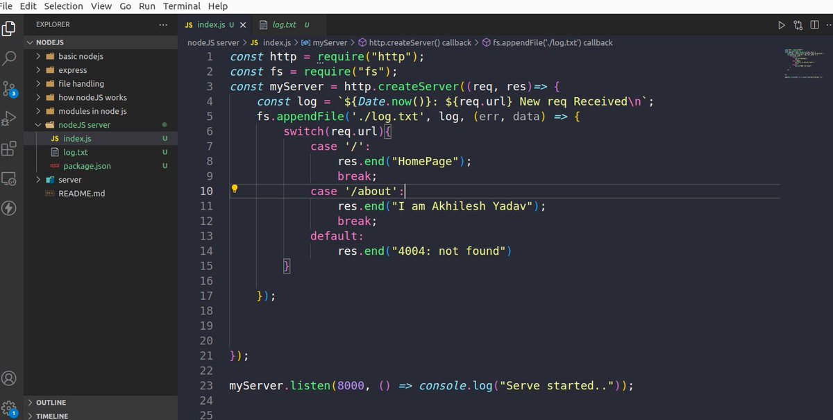 AkhilWorkplace's tweet image. Used http library in node js to create #httpServer from scratch
📍 handle request from all route
📍peek inside request headers
📍used fs library create log file of every client request
Client 🧑💻 (browsers) ===> server 🖥️💾
#100daysofcode #javascript #NodeJS #TechSolutions