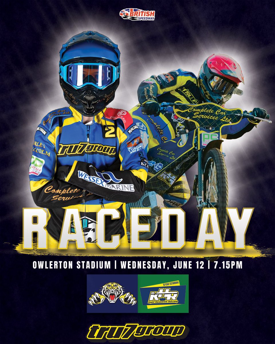 It's 𝗥𝗔𝗖𝗘𝗗𝗔𝗬! 🏁🟡🔵

©️ A night for our skipper…

⏰ 𝗧𝗜𝗠𝗜𝗡𝗚𝗦
6.00 - 6.15 - Rider Autographs &amp; Selfies
7.15 - Cruz Harris opening laps
7.30 - Parade
7.40 - Racing Begins
9.40 - Dash for Cash Race

𝟭𝟵 𝗿𝗮𝗰𝗲𝘀 𝗶𝗻 𝘁𝗼𝘁𝗮𝗹!

🐯 #TigersPride | #KHTestimonial