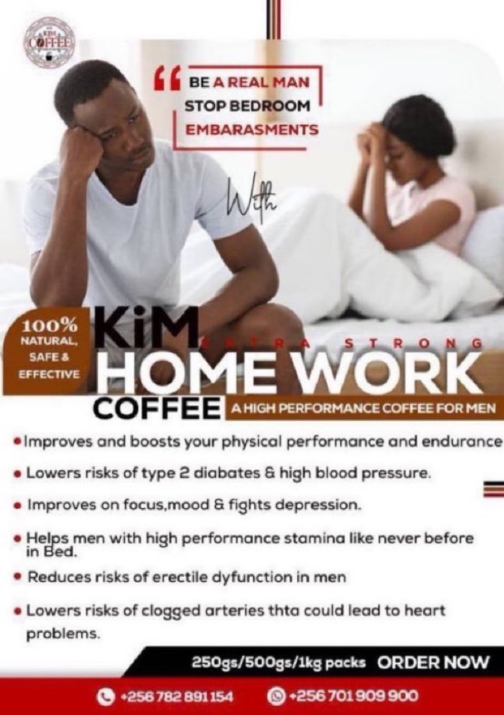 KIM HOMEWORK COFFEE!
Hey Guys

Are You Aware that KIM HOMEWORK COFFEE Lowers Risks of Prostate Cancer Development in MEN?

Don't Wait for Prostate Cancer to Cancer You.Prevention is Better than Cure

Get a pack today👈#BUBU 

<a href="/Kim_Coffee2020/">Kim Coffee Roasters Uganda</a> \0701909900
#Kimcoffeeroastersuganda