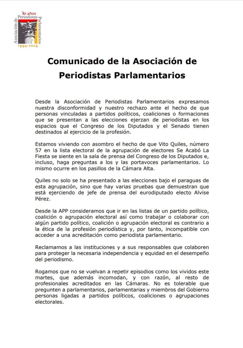 Comunicado de la Asociación de Periodistas Parlamentarios