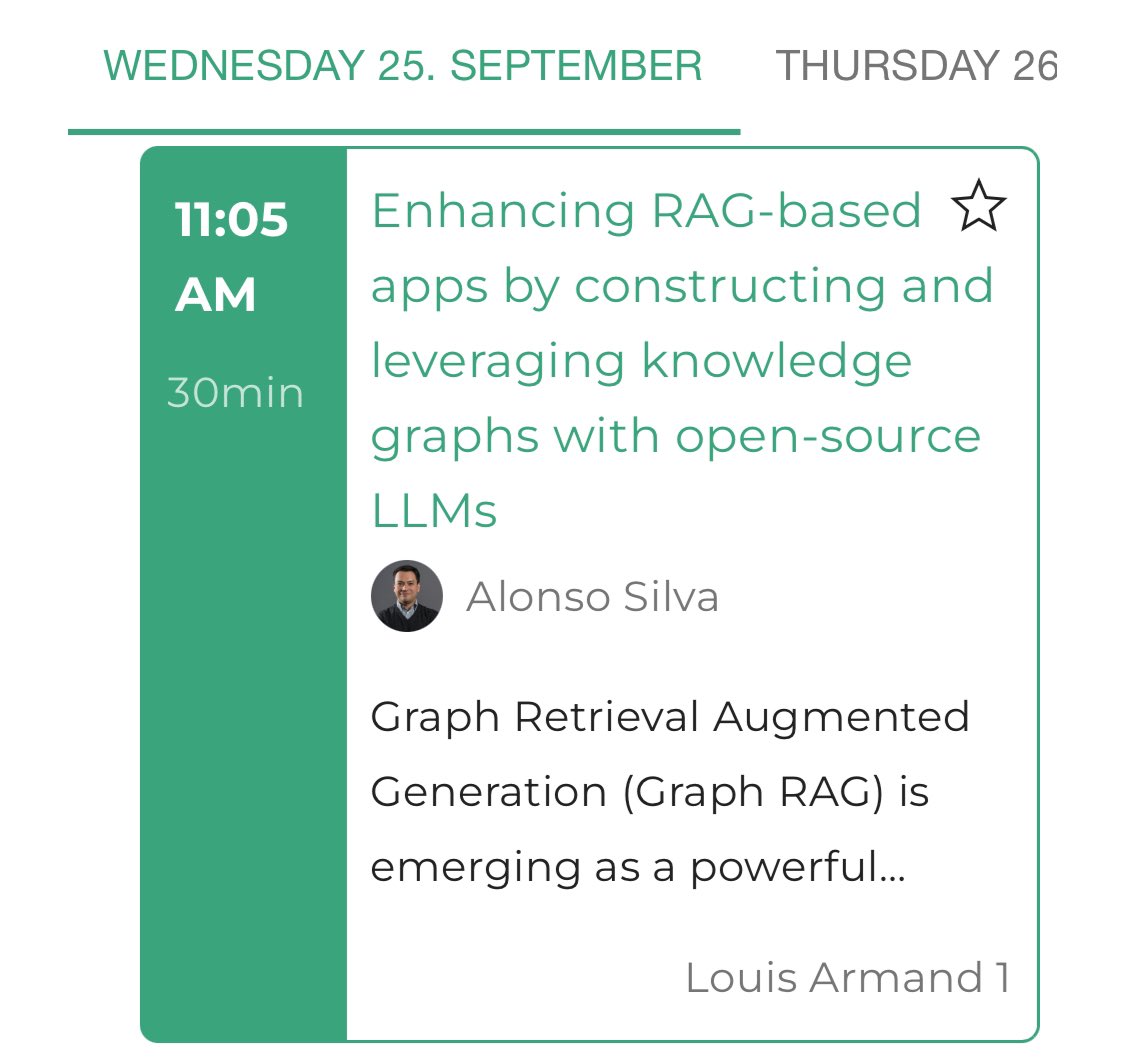 Alonso Silva (e/acc) (@alonsosilva) on Twitter photo I will be presenting at <a href="/PyDataParis/">PyData Paris</a> “Enhancing RAG-based apps by constructing and leveraging knowledge graphs with open-weights LLMs” on Wednesday, September 25th at 11:05am I will be presenting at <a href="/PyDataParis/">PyData Paris</a> “Enhancing RAG-based apps by constructing and leveraging knowledge graphs with open-weights LLMs” on Wednesday, September 25th at 11:05am