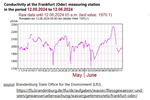 SaveOder's tweet image. Again high salt discharge in 🇵🇱🇩🇪 border river #Oder/#Odra. Currently, values up to just below 2300 μS/cm were reached at the #FrankfurtOder measuring station.
The limit of electrical conductivity in 🇵🇱 is 850 μS/cm for large lowland rivers - via @MLUKBrandenburg / LfU (1/3)