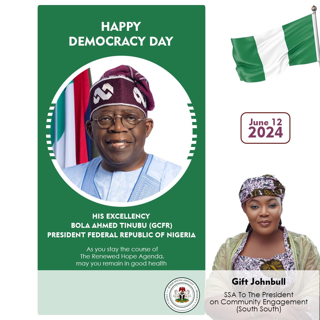 gift_johnbull's tweet photo. Happy Democracy Day, Mr. President! @officialABAT
As SSA on Community Engagement, South South, I celebrate your unwavering commitment to democratic values & community development.
May this day strengthen our resolve for a better Nigeria! #DemocracyDay
#communityEngageSS https://t.co/Ik0fM4zfxT