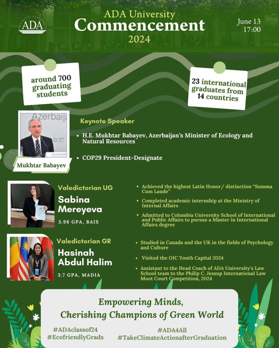 ADAUniversity's tweet photo. Graduation countdown already started for nearly 700 graduates.
We will welcome H.E. Mukhtar Babayev, Minister of Ecology and Natural Resources and COP29 President-Designate, along with Members of Parliament🇦🇿 and many esteemed guests during our Commencement ceremony.
#ADA4All https://t.co/SiunDiCb2b