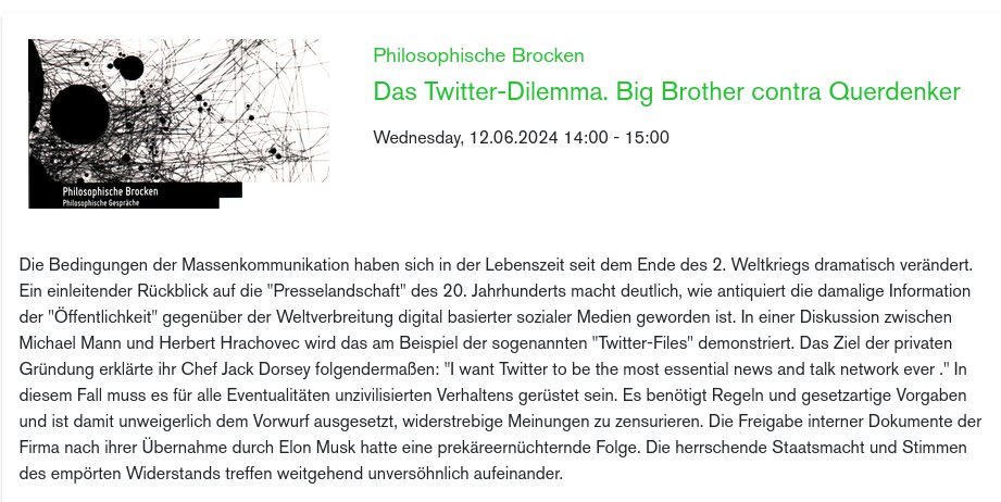 phil_audioso's tweet photo. #Höhrtipp: Heute, 12.6.2024 14:00 #PhilosophischeBrocken auf @radio_ORANGE

Das Twitter-Dilemma. Big Brother contra Querdenker

Live Stream: https://t.co/qxBLIosDaX

#TwitterFiles #Massenkommunikation #BigBrother #Querdenker #JackDorsey https://t.co/biEcoq7MDg