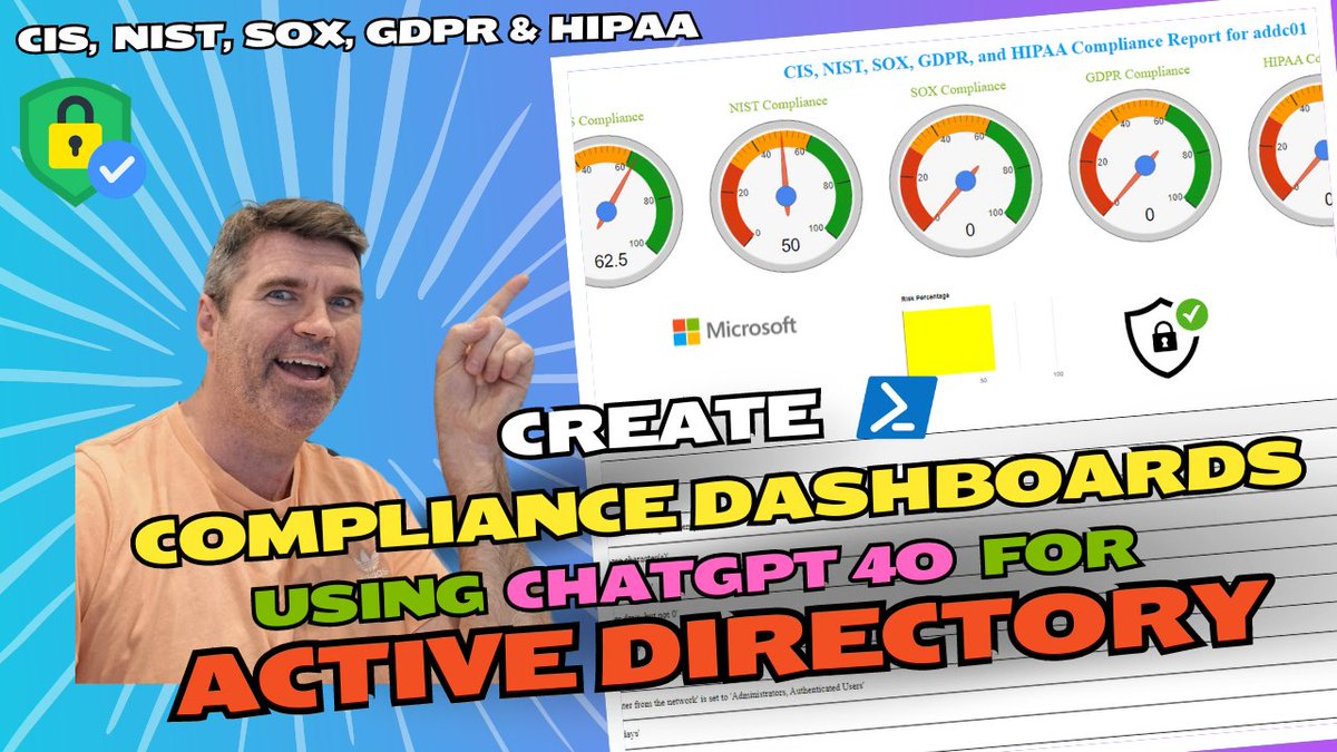 Infra_SOS's tweet image. I&apos;ve saved a weeks work developing a Powershell script using ChatGPT 4o. Its an Active Directory compliance dashboard built using Powershell and exports the results into a HTML dashboard. It checks for:

#CISbenchmark #SOX #NIST #GDPR #HIPAA  

youtu.be/xKblPKZoHns?si…