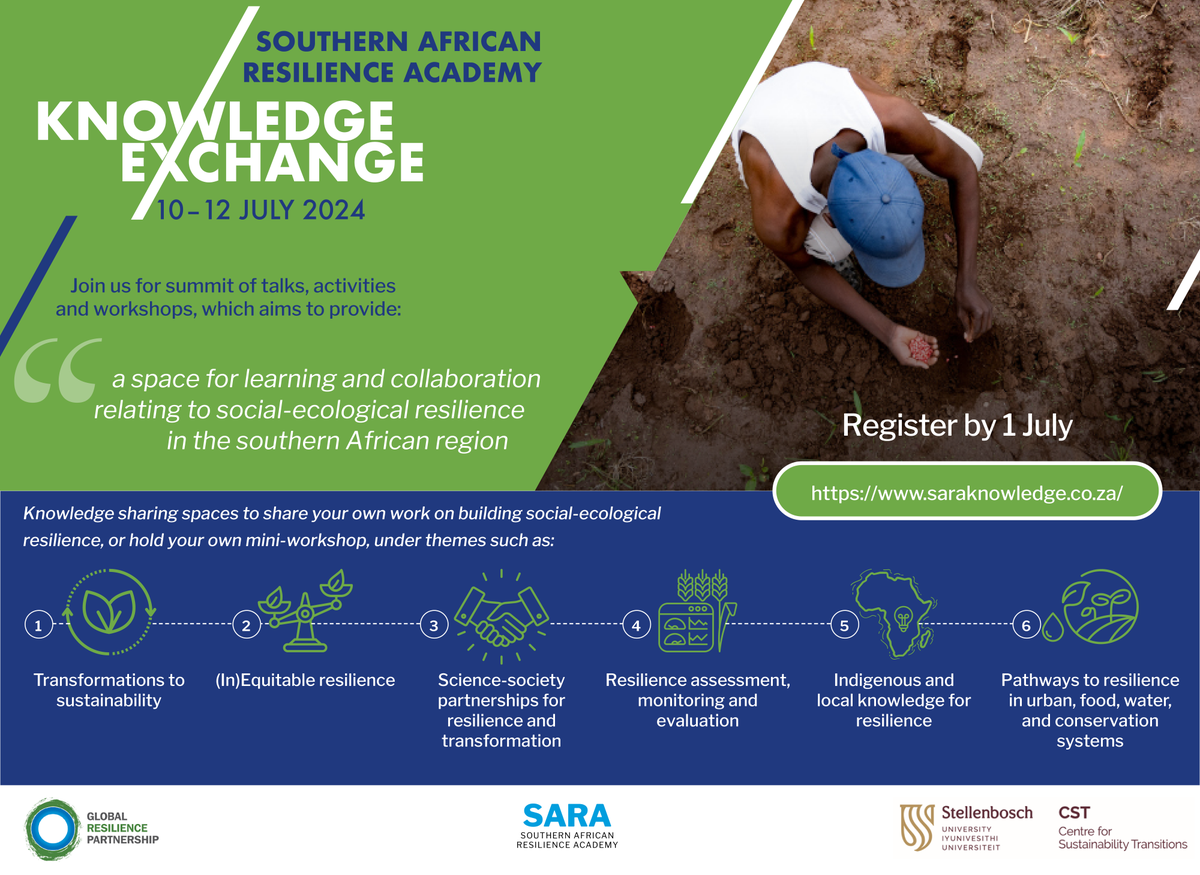 grp_resilience's tweet photo. 💡Join us from 10-12 July for the SARA Knowledge Exchange! It's more than just talks and workshops, it's a chance to connect, learn, and collaborate with others working in  social-ecological resilience in southern Africa.
📅 Register by 1 July

https://t.co/8y7muIa1xy
@CST_SU https://t.co/UP7qAEdOMB
