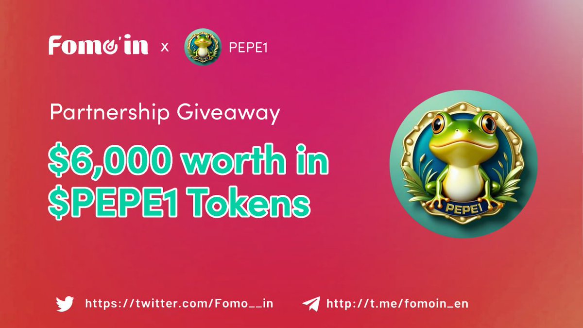 🤝 New Partnership #Airdrop COMING 🔥

 🥳 Prize Pool: $6,000 worth in $PEPE1 Tokens 

To Enter ⤵️
✅ Follow <a href="/PEPE_1__/">PEPE1</a> &amp; <a href="/Fomo__in/">Fomoin</a>
✅ RT &amp; Tag 3 Friends
✅ Complete:👉 forms.gle/kvhwUx8G1wuuTK…

⏰ Ends 21 Jun 2024
#Giveaway #BNB #Bitcoin #Giveaways #PEPE #ETH