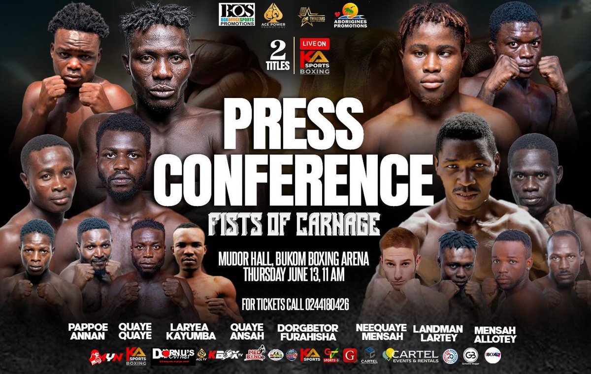 BoxingTwinstars's tweet photo. Let’s get ready for Fists of Carnage press conference 🥊🥊🥊 #fistsofcarnage #twinstarsboxingpromotions #africanboxing #acepowerpromotions #boxofficesportpromotions #ghanaboxing #fightnews #GBA #aboriginesboxingpromotions #boxing #ibfcontinentalafrica #titledefense #fyp https://t.co/uUz1UGtrO0