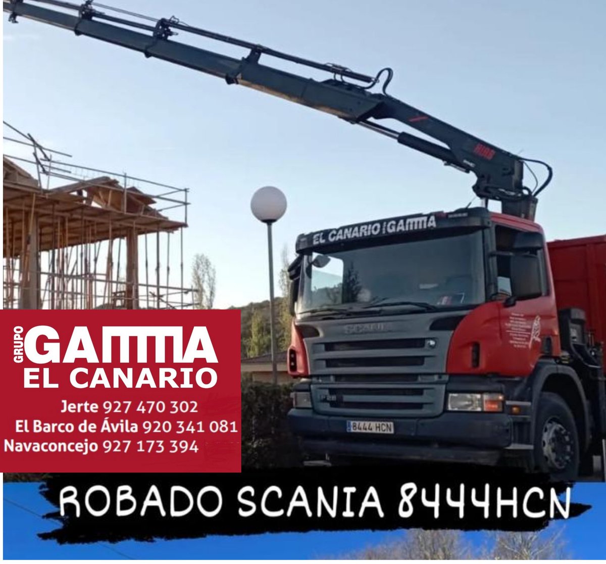 Inmacp07's tweet photo. El viernes 24 de Mayo robaron un #camiónpluma en el municipio de #Navaconcejo (Cáceres). Es un  Scania rojo con rotulacion de #GAMMA "EL CANARIO", matrícula #8444HCN ¿Por favor nos podéis ayudar a difundir?GRACIAS
#robocamion  #España #DenunciaPublica #Robocoche #robo https://t.co/CGNjm8v8D2