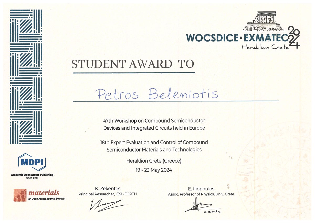 FBH_News's tweet photo. 🎉 Congrats to Petros Beleniotis for winning the Best Student Paper Award at WOCSDICE-EXMATEC 2024! His paper introduces a novel method to enhance #GaNHEMT efficiency for #MicrowavePower. Find out more: https://t.co/q29hBZuZH6
#FutureOfTech #ComputationalModeling @FMD_researchfab https://t.co/a5bFkj0sv9