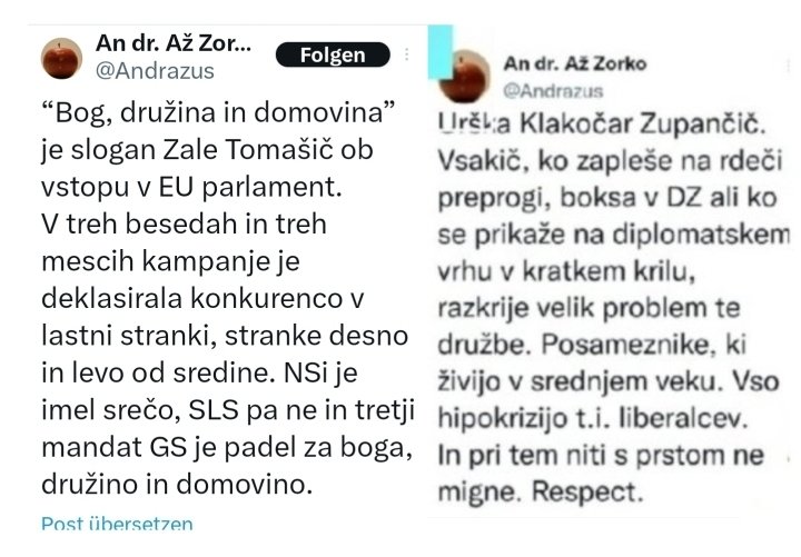 brutus91101394's tweet photo. Andraž Zorko, nepristranski politični analitik, ljubkovalno imenovan tudi *babež Vanga* (kvota akuratnih napovedi presega 0.7%! 👍) se ob vsaki priložnosti verbalno zaleti v Zalo Tomašič. Po drugi strani mu je pa predsednica DZ zakon.  🤷 Kako smo si različni, a ne? https://t.co/lr2N7kzRLi