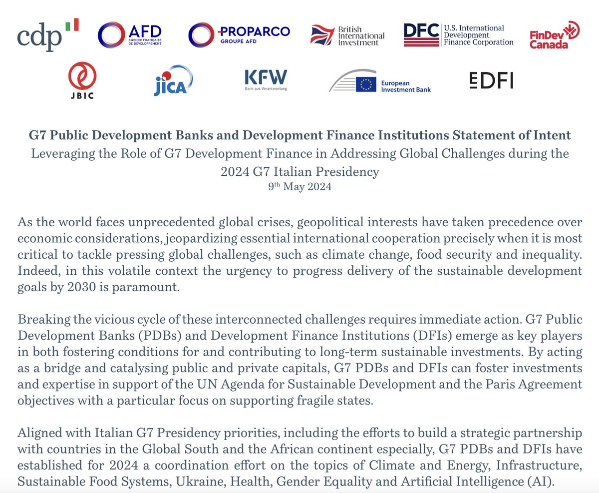 San Bilal (@sanbilal1) on Twitter photo G7 PDBs and DFIs Statement of Intent on Leveraging the Role of G7 Development Finance in Addressing Global Challenges during the 2024 G7 Italian Presidency
cdp.it/resources/cms/…
<a href="/ECDPM/">ECDPM 🔎 🌍</a> actively supports it with concrete ideas for implementation, under <a href="/GruppoCDP/">Cassa Depositi e Prestiti</a> drive G7 PDBs and DFIs Statement of Intent on Leveraging the Role of G7 Development Finance in Addressing Global Challenges during the 2024 G7 Italian Presidency
cdp.it/resources/cms/…
<a href="/ECDPM/">ECDPM 🔎 🌍</a> actively supports it with concrete ideas for implementation, under <a href="/GruppoCDP/">Cassa Depositi e Prestiti</a> drive