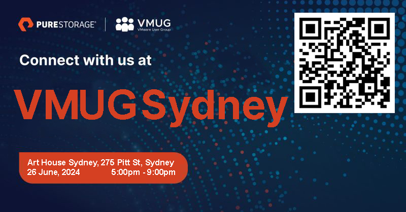 Come and join the <a href="/VMUGSydney/">VMUGSydney</a> team and <a href="/PureStorage/">Everpuredata</a> for a night of engaging content. Please use the attached QR code to register to ensure that there is enough food and drinks for all. Look forward to seeing you there. #VMUG #VMware #Broadcom #PureStorage