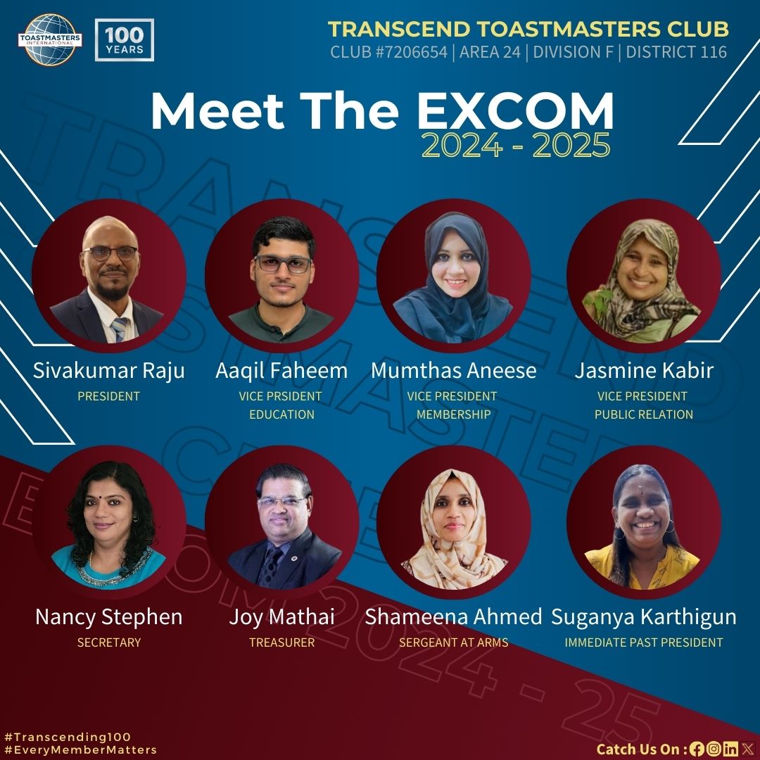 transcendtmc's tweet photo. Presenting the EXCOM for the term 2024 - 25!

#toastmasters #district116 #d116 #division #region11 #toastmastersinternational #publicspeaking #divisionftoastmasters #transcendtoastmasters #Transecending100 #EveryMemberMatters https://t.co/G8X9as23OD