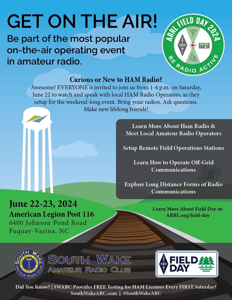 CommunityMGR's tweet image. Are you curious about HAM Radio? Or maybe you&apos;ve inherited an old or new radio and don&apos;t know how to get started? Join South Wake A.R.C. on Saturday, June 22 from 1-4 p.m. for #ARRLFieldDay! 

#SouthWakeARC #AmateurRadio #FuquayVarina