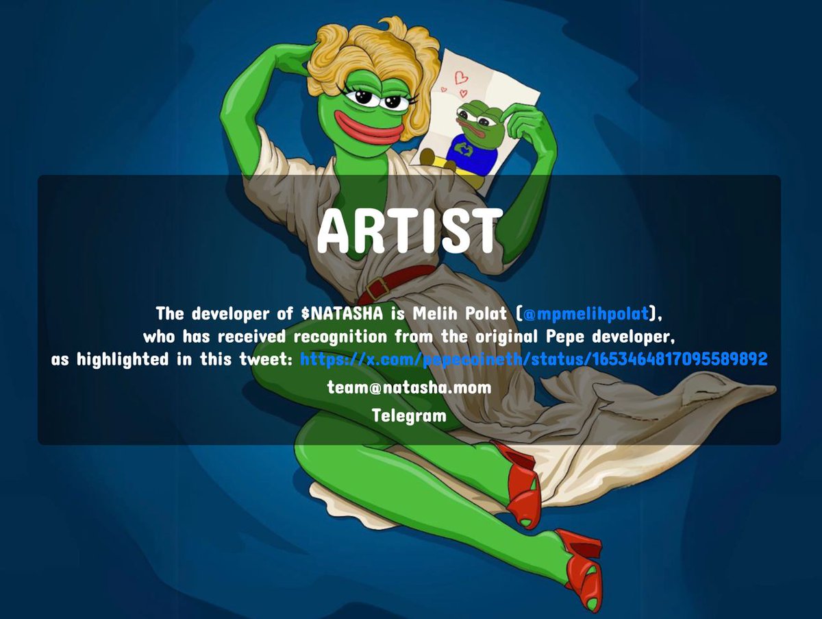 horsbath486's tweet image. Come check out $NATASHA
dev is the original artist from pepe. Doxxed. Based team and artwork...don't miss this one king..
 
Ca:
C8T9UwQRazNYgrsM5iBR8G1aSkLempFYQNPXmGgSpump
 
Website:
natasha.mom