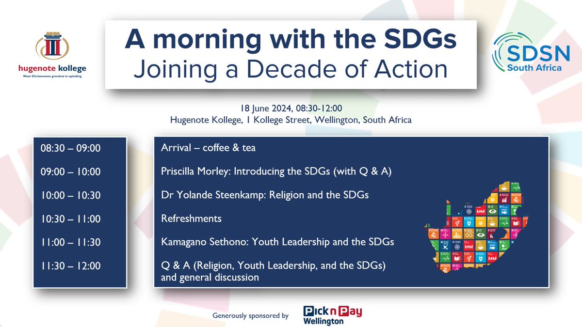 ysteenka's tweet photo. We still have a few in-person spots available, and will also be live-streaming the event. Register here: https://t.co/vJK2H9gbmH Thank you to Pick 'n Pay Wellington for generously sponsoring our event!
#SDGs @HugenoteKollege @UNSDSN @SDSNYouth @PicknPay @PaRDSecretariat @rcsd_hu https://t.co/URb6zVwtGU