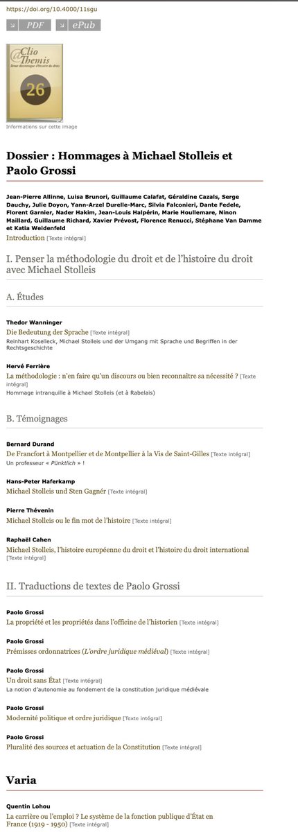 xprevost's tweet photo. Le dernier numéro de Clio@Themis vient de paraître en accès libre sur @OpenEditionActu. Dans le dossier qui rend hommage à Michael Stolleis et Paolo Grossi, je signe la traduction de "Modernité politique et ordre juridique" du juriste italien : https://t.co/OTGCcg8N7Z https://t.co/TebByrZ0T3