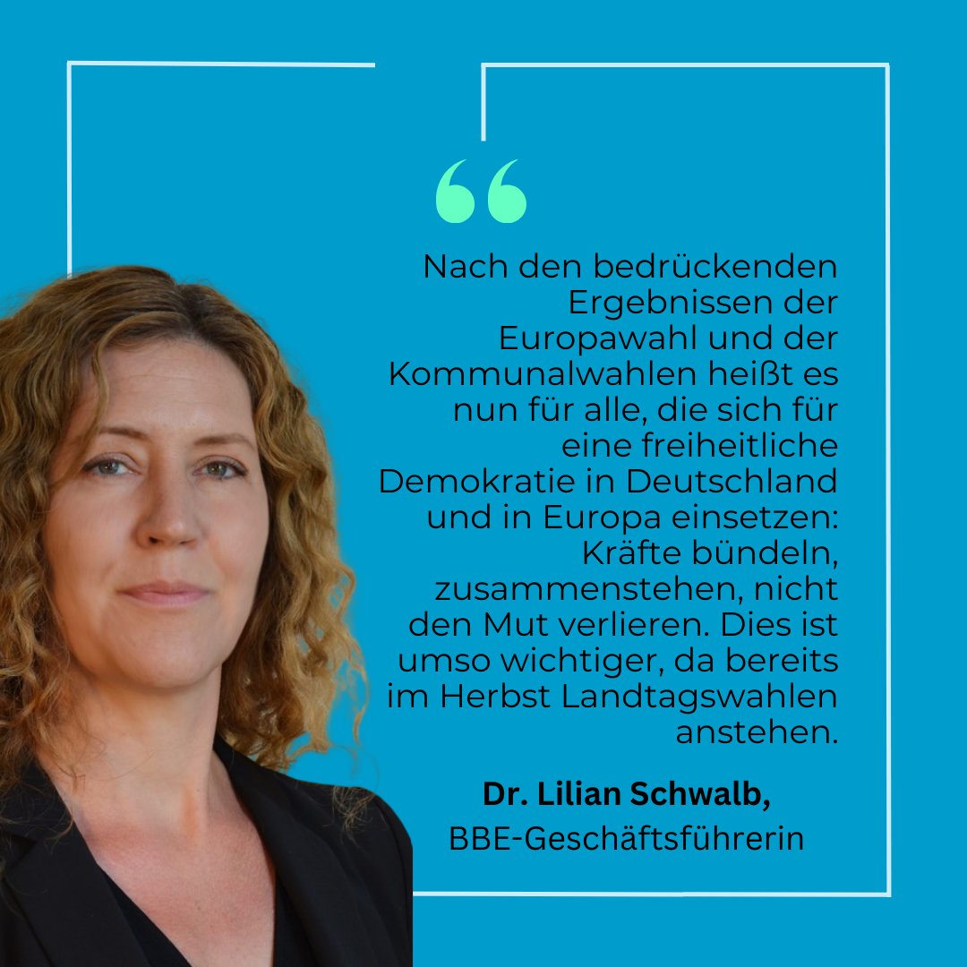 Unsere Geschäftsführerin Dr. Lilian Schwalb zu den Ergebnissen der #Europawahl2024. Mehr zum Themenfeld Europa im BBE erfahrt ihr hier: 

➡️ b-b-e.de/themenfelder/e…

#BBE-EngagementFördern #Zivilgesellschaft #EngagementPolitik #CivilSociety #Engagement #Ehrenamt #Europe