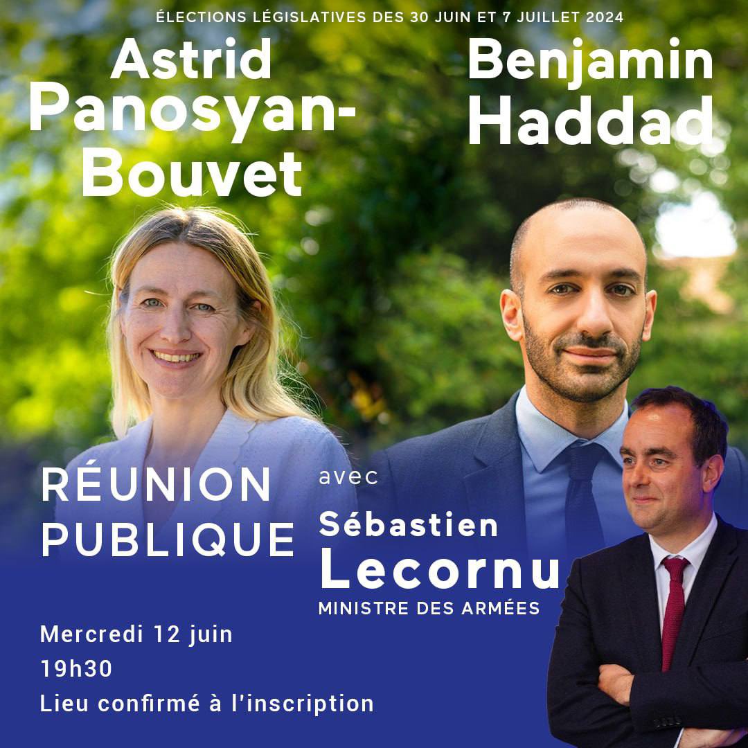 AstridPanosyan's tweet photo. Je reçois ce soir, mercredi 12 juin, à 19h30, Sebastien Lecornu, Ministre des #Armées, lors d’une réunion publique à #Paris16, organisée avec @benjaminhaddad. Venez nombreux ! 🇫🇷🇪🇺🚀

#Astrid2024
#circo7504

Lien d’inscription : https://t.co/MP4qhEtJjW https://t.co/iT1MmqKBtd