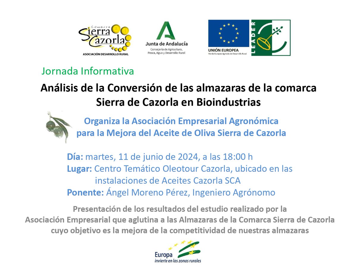 cazorlaadr's tweet photo. Estudio de Análisis de la Conversión de las Almazaras de la Comarca Sierra de Cazorla en Bioindustrias, el pasado 11 de Junio 2024 en Cazorla, ha tenido lugar la presentación de este estudio financiado por el Programa LEADER #LEADER https://t.co/Qpo0Fyx0fH