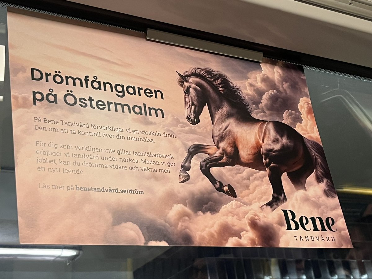 heatheraudrey's tweet photo. Ads don’t often catch my eye, but a unicorn with the word ‘dream” and “dentist” underneath demands my attention. Apparently it’s a dentist that drugs you up. A+ for marketing. https://t.co/6JDV4hitu5