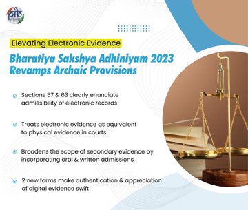 PIBSrinagar's tweet photo. Bharatiya Sakshya Adhiniyam (BSA): Facilitating admissibility of electronic evidence
➡️Electronic evidence to be treated at par with physical evidence in courts
➡️New methods introduced to streamline authentication & evaluation of digital evidence
#BSA
#DigitisingJustice https://t.co/fOPE1mUN8Y