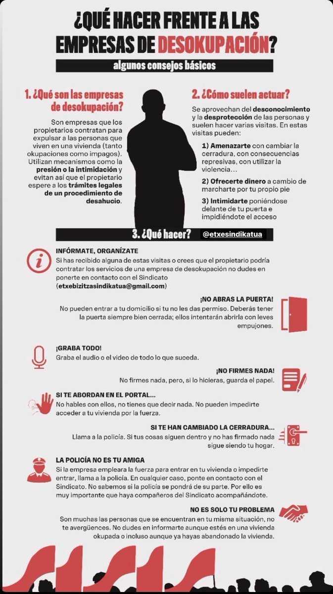 NombreFalso1231's tweet image. El Sindicato Socialista de Vivienda @EtxeSindikatua hizo esta infografía sobre qué hacer si una empresa de desokupación acude a tu casa para echarte.

Digan lo que digan los medios, todos estamos mucho más cerca de esta situación que no de tener varias casas en propiedad.