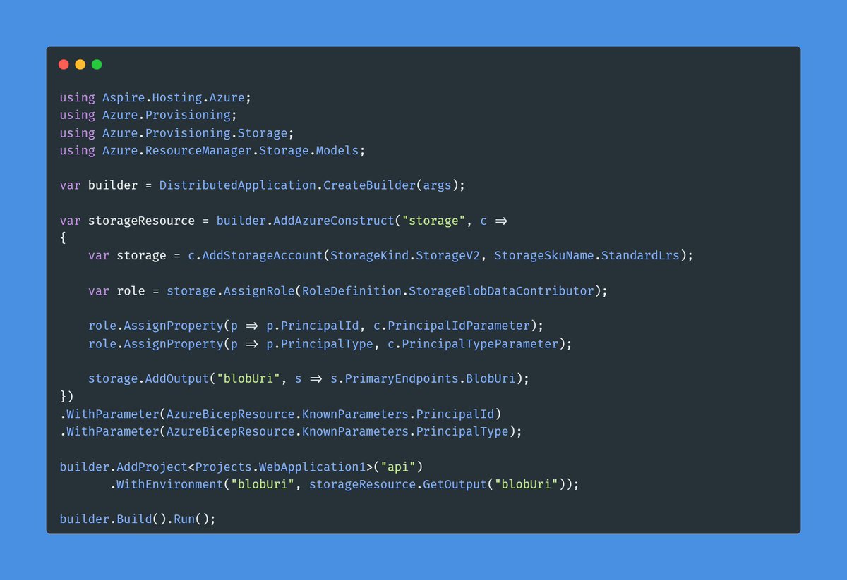davidfowl's tweet image. The Azure team is building a CDK that lets you express azure resources in C#. It&apos;s still experimental at the moment but aspire integrates with this library to enable define azure resource graphs in C#. We build higher level APIs on top of these lower-level APIs with &quot;smart…