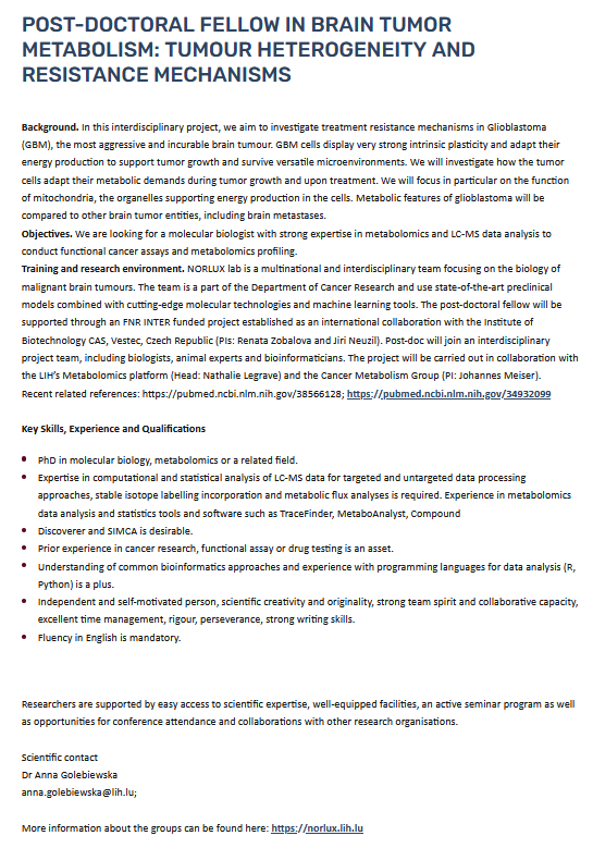 Anna Golebiewska (@angolebiewska) on Twitter photo #NORLUX <a href="/LIH_Luxembourg/">LIH_Luxembourg</a> is recruiting. If you have expertise in #metabolomics and interest in cancer research check out our job advert for a postdoc position:
lih.lu/en/job/?value=… #NORLUX <a href="/LIH_Luxembourg/">LIH_Luxembourg</a> is recruiting. If you have expertise in #metabolomics and interest in cancer research check out our job advert for a postdoc position:
lih.lu/en/job/?value=…