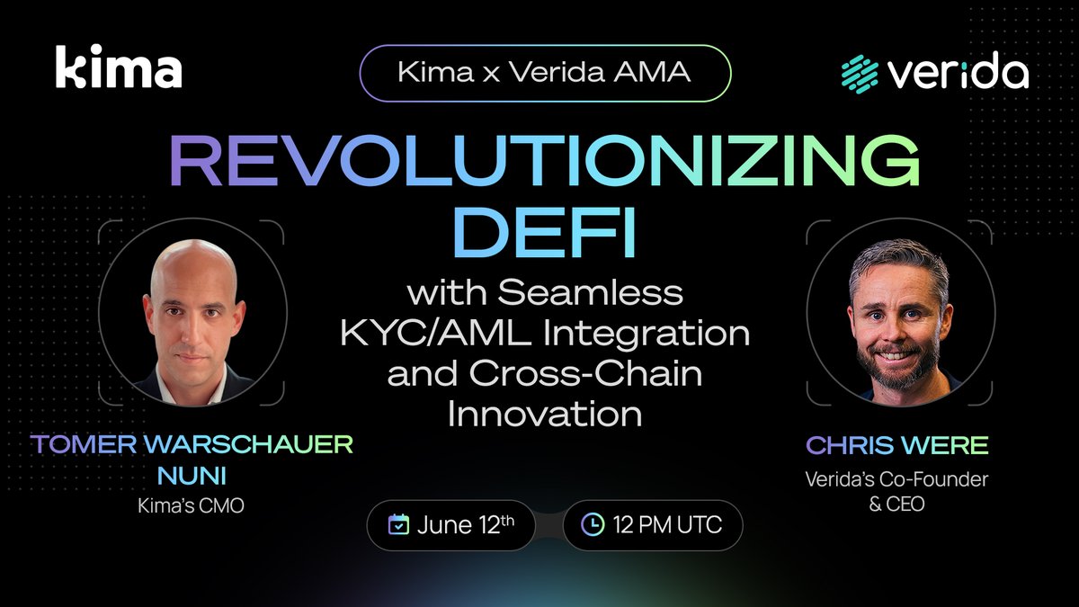 🚀 Verida x Kima AMA is TODAY! 🚀

Get ready for an exciting X Space with our amazing partner, <a href="/Verida_io/">Verida 💜</a>!

Kima’s CMO, <a href="/Crypt0Shmipt0/">Tomer Warschauer Nuni</a>, will discuss “Revolutionizing DeFi with Seamless KYC/AML Integration and Cross-Chain Innovation”, uncovering:

✅ The importance of compliance